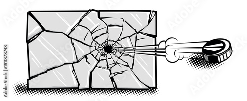 Strong hockey puck hit breaks through protective glass. Vector illustration on a transparent background.