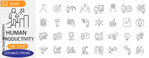 Human Productivity Line Icon set. Features icons of goals, success, strategy, time, and growth. Perfect for business apps, websites, and presentations.