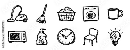A collection of hand-drawn household and cleaning icons in a simple black ink doodle style on white.