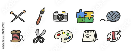 Set of ten colorful hand-drawn doodle icons representing various hobbies like knitting, painting, photography, and sewing on a white background.