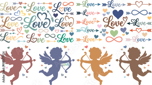 Seamless vector pattern featuring butterflies and flowers with playful cartoon silhouettes of women and children in a fun artistic style