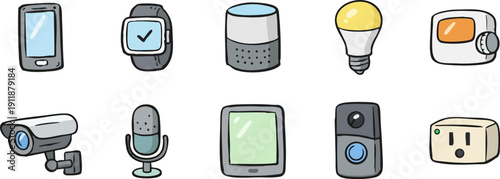 Hand-drawn icons of smart home technology gadgets like a smartphone, smart speaker, light bulb, and security camera on a white background.