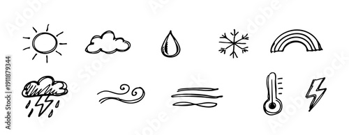 Set of hand-drawn weather icons including sun, cloud, rain, snow, wind, and lightning. Simple black and white doodle vector illustration.