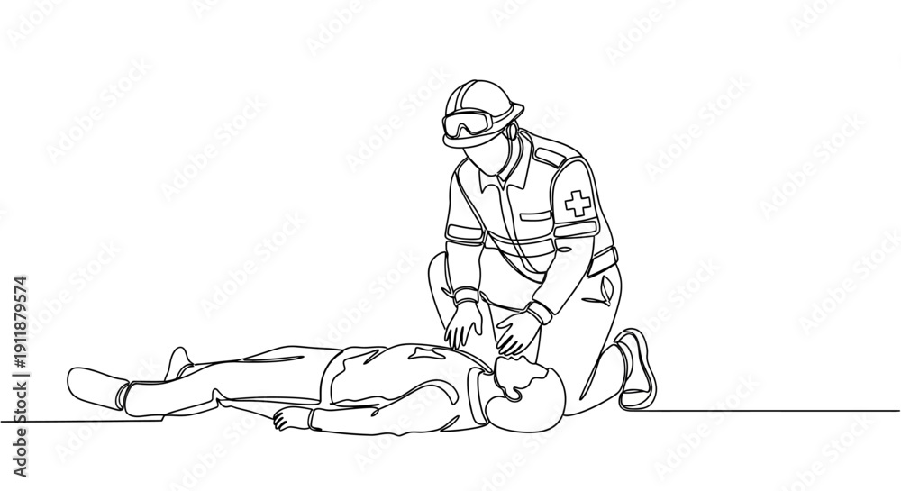 Obraz premium Paramedic performing CPR on unconscious person, continuous line art