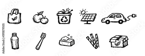 Hand-drawn black and white doodle icons representing sustainability, recycling, renewable energy, and a zero waste lifestyle.