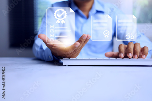 фотографія certification concept businessman holding document with certified mark to qualif