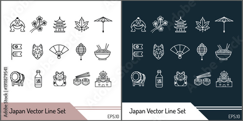 Japan Culture Vector Line Icon Set with Traditional Symbols and Food