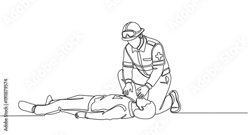 Paramedic performing CPR on unconscious person, continuous line art