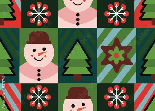 Festive pixel art pattern with snowmen, evergreen trees, and snowflakes in a grid.