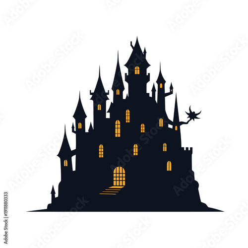 Creepy silhouette of a halloween haunted castle, suitable for spooky halloweenthemed designs, posters, and invitations. Perfect for horrorthemed content.