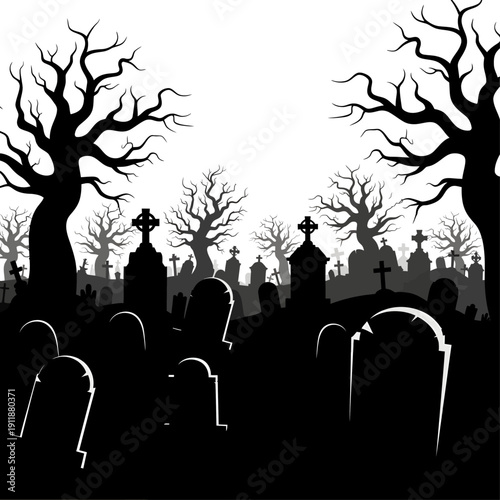 Silhouette graveyard scene great for halloween themed designs. Spooky atmosphere with tombstones and bare trees in the background. Suitable for halloween graphics and spookythemed projects.