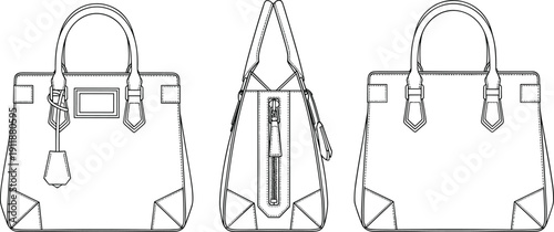 Fashion Handbag and Tote Bag Technical Flat Sketch Set, CAD Drawing Flat Vector Illustration, Accessory Template, Leather Bag Design, Purse