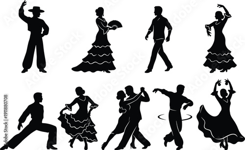 Spanish Flamenco and Latin Dance Silhouettes Set Featuring Traditional Dancers in Passionate Poses with Fans, Castanets, and Ruffled Dresses for Design