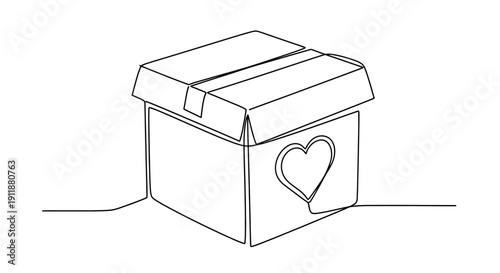 Continuous line drawing of a gift box with a heart symbol, symbolizing love and surprise.