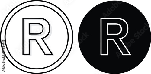 Technical CAD drawing flat vector illustration of a registered trademark symbol icon in black and white circles for brand protection