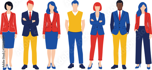 Diverse business professionals and office employees standing together in stylish formal attire, flat vector illustration for corporate teamwork and leadership.