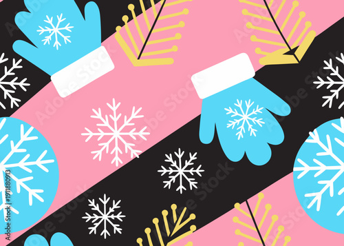 A flat vector seamless pattern featuring blue mittens with snowflakes and yellow branches over a background of diagonal pink and black stripes.