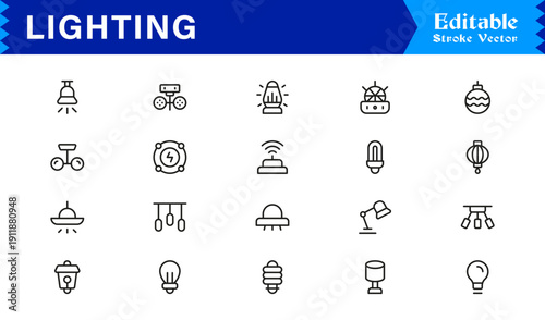 Lighting Elements And Illumination Line Icon Set – Professional Minimal Modern Lamp, Bulb, Fixture, Spotlight, Lantern, Chandelier, Editable Vector Collection