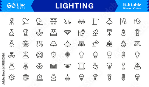Lighting Elements And Illumination Line Icon Set – Professional Minimal Modern Lamp, Bulb, Fixture, Spotlight, Lantern, Chandelier, Editable Vector Collection