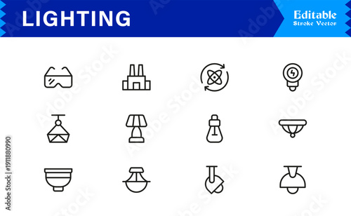 Lighting Elements And Illumination Line Icon Set – Professional Minimal Modern Lamp, Bulb, Fixture, Spotlight, Lantern, Chandelier, Editable Vector Collection