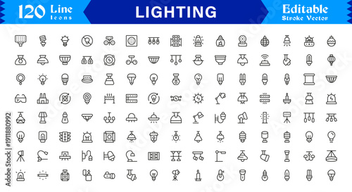 Lighting Elements And Illumination Line Icon Set – Professional Minimal Modern Lamp, Bulb, Fixture, Spotlight, Lantern, Chandelier, Editable Vector Collection
