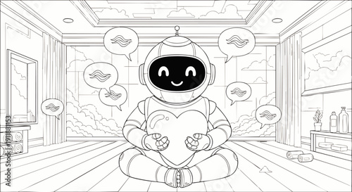 Adorable AI robot meditating peacefully, holding a heart symbol to represent emotional intelligence and digital well-being. Serene room, line art illustration.