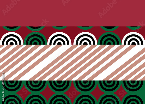 Abstract horizontal pattern featuring maroon bands with concentric circles and diagonal stripes.