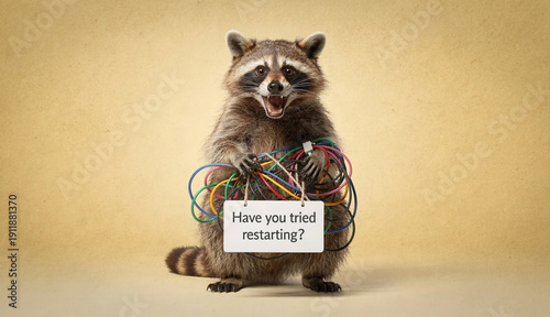 Funny raccoon with tangled wires holding 