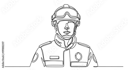 One Line Drawing Firefighter Portrait, Emergency Responder, Safety Helmet and Uniform