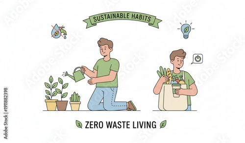 Eco-conscious lifestyle vector illustration promoting sustainable habits and green living concept