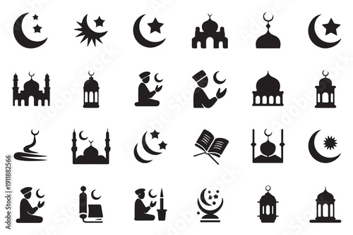 Islamic Symbols and Ramadan Icons Set - Black Silhouettes for Muslim Holidays and Culture