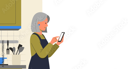 A woman over 50 with shoulder-length gray hair studies recipes on her smartphone while standing in her kitchen.