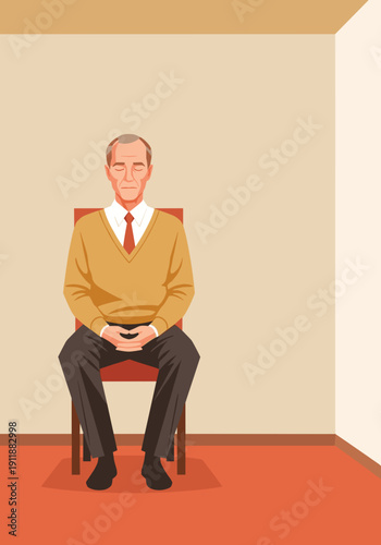Geometric vector composition: a middle-aged man with fair skin and a slender build sits with his eyes closed on a chair in a pose of mindful pause.