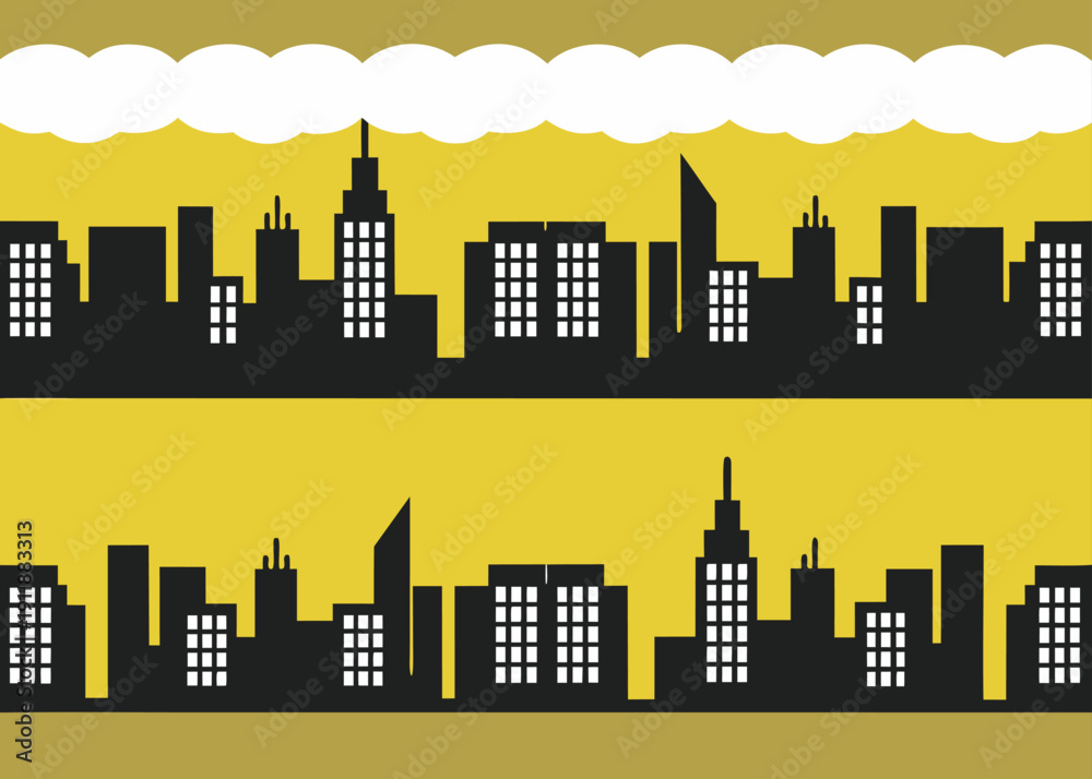 Fototapeta premium Seamless pattern of a black city skyline silhouette against a bright yellow background with clouds.