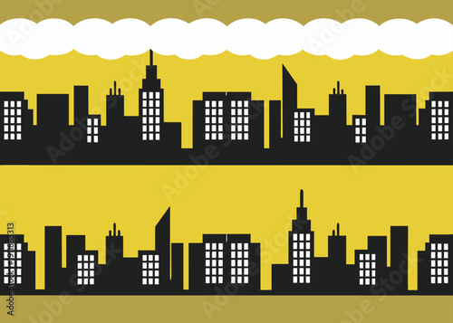 Seamless pattern of a black city skyline silhouette against a bright yellow background with clouds.