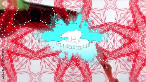 Animation of polar bear on glacier and red kaleidoscopic shapes over red wine pouring from bottle