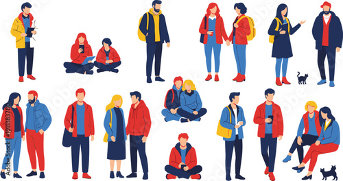 Φωτογραφία Flat Vector Illustration of Diverse Young People in Autumn Clothing Walking Sitt