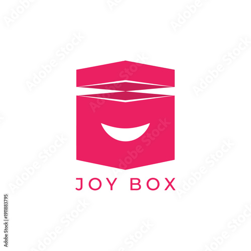 Minimalist pink happy box icon logo designed for gift delivery services or surprise subscription brands featuring the playful text JOY BOX