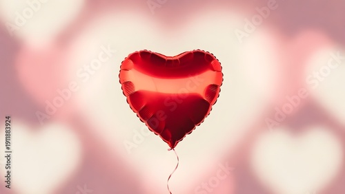 Red Heart Balloon Floating Against Soft Pink Bokeh Background For Valentine Romance