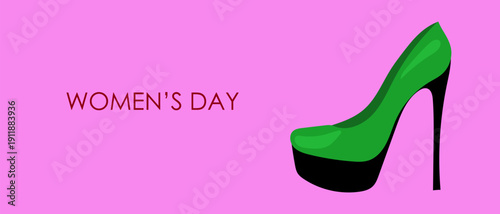 International Women's Day Greeting Card. Vibrant  Background and Cartoon High Hill Shoe. Retro Festive Art Holiday Gift Pattern Print. 8 march Empowerment and Girl's Power Nostalgic 90's Decoration.
