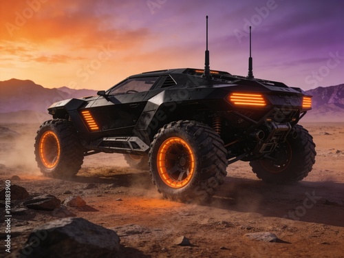 A black monster truck with orange wheels is driving through a desert