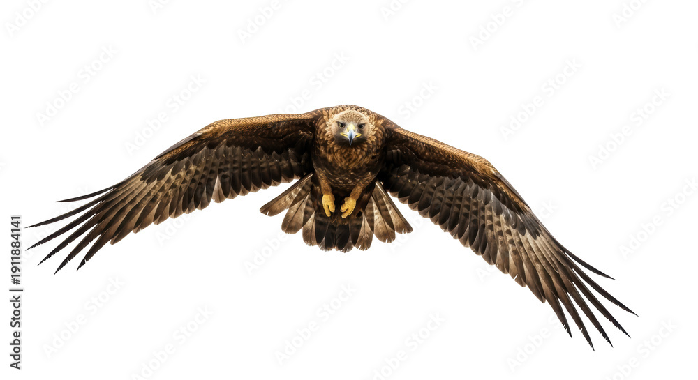 Obraz premium Majestic golden eagle flying isolated PNG on transparent background, powerful bird of prey with outstretched wings for wildlife and nature designs