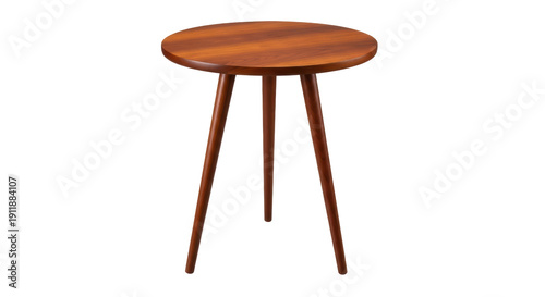 Round wooden side table isolated PNG on transparent background, mid-century modern furniture with three legs for living room decor