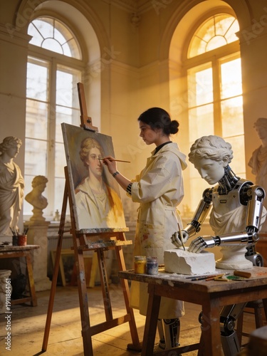 A woman is painting a portrait of a woman on a canvas