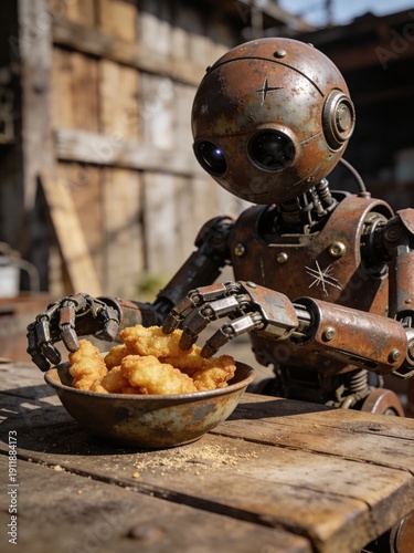 A robot is eating food from a bowl