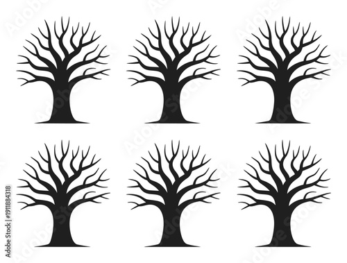 Six Silhouetted Bare Trees Arranged in Two Rows on White Background
