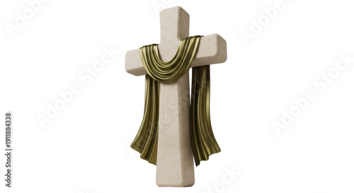 Φωτογραφία Stone Christian cross with golden draped cloth isolated PNG, religious symbol on