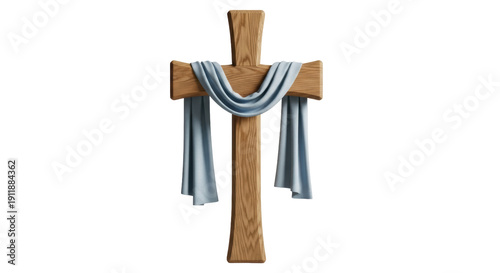 Quadro su tela Wooden Christian cross with light blue draped cloth isolated PNG, religious symb