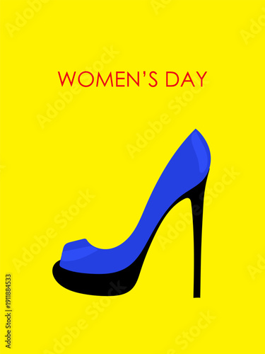 International Women's Day Greeting Card. Vibrant  Background and Cartoon High Hill Shoe. Retro Festive Art Holiday Gift Pattern Print. 8 march Empowerment and Girl's Power Nostalgic 90's Decoration.