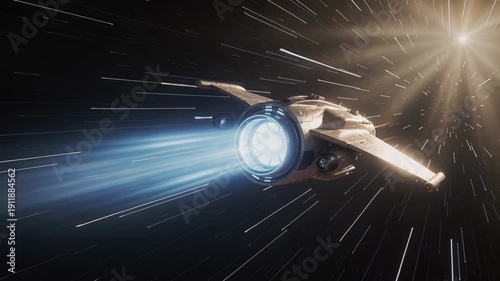 Futuristic Spaceship Traveling Warp Speed Blue Light Beam Effect Deep Space Stretching Star Galaxy Exploration Mission Fast Motion Blur Energetic